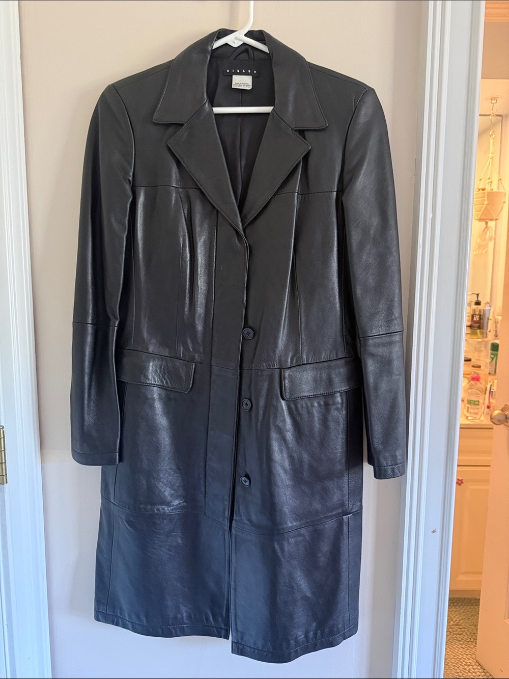 Sisley Black Leather Long Coat with Notch Lapel
